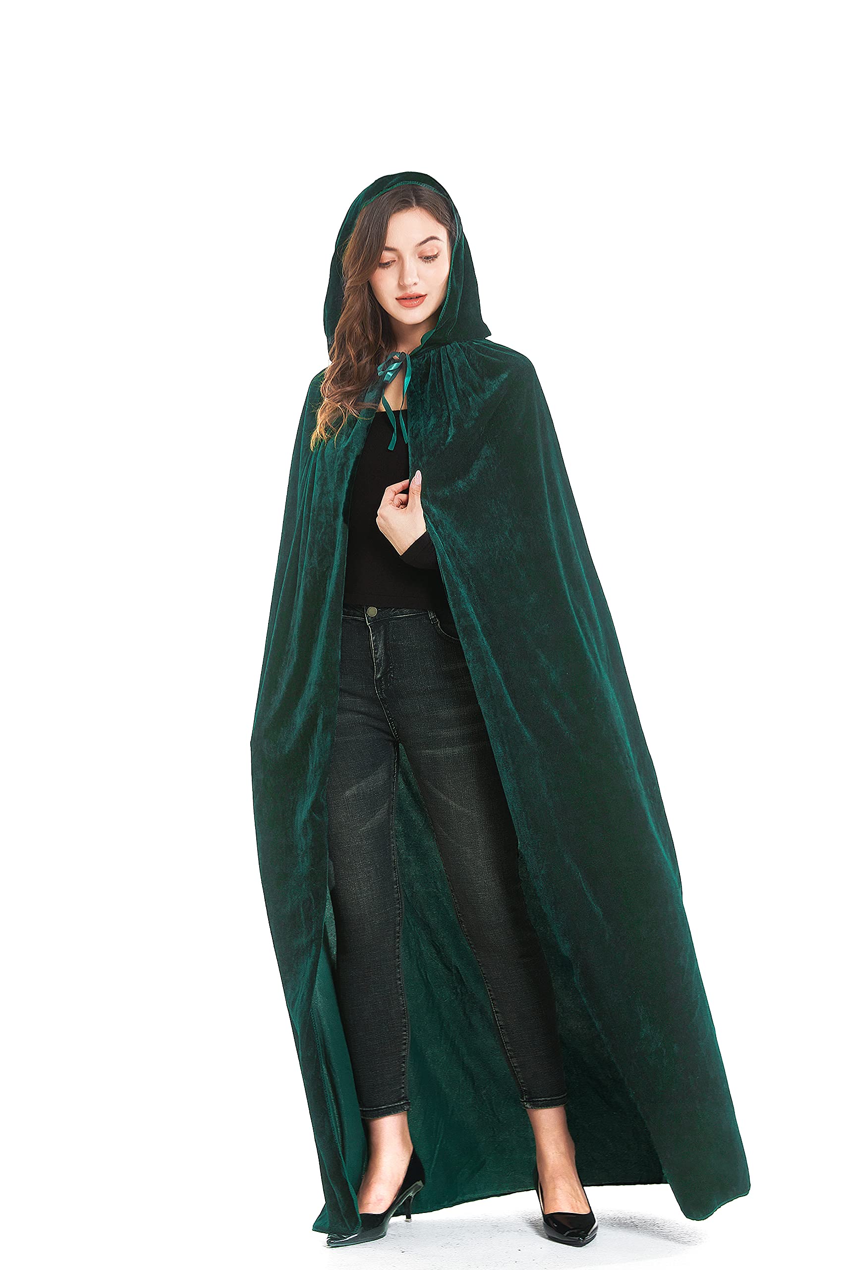 DIFLY 59-inch Velvet Hooded Cape Unisex Halloween Cloak Devil Witch Wizard Halloween Christmas Cosplay (Dark Green)(Size: L)