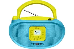 hPlay Gummy GC04B Portable CD Player Boombox with Digital Tunning FM Stereo Radio Kids CD Player Bluetooth USB LCD Display, Front Aux-in Port and Headphone Jack, Supported AC or Battery Powered- Cyan