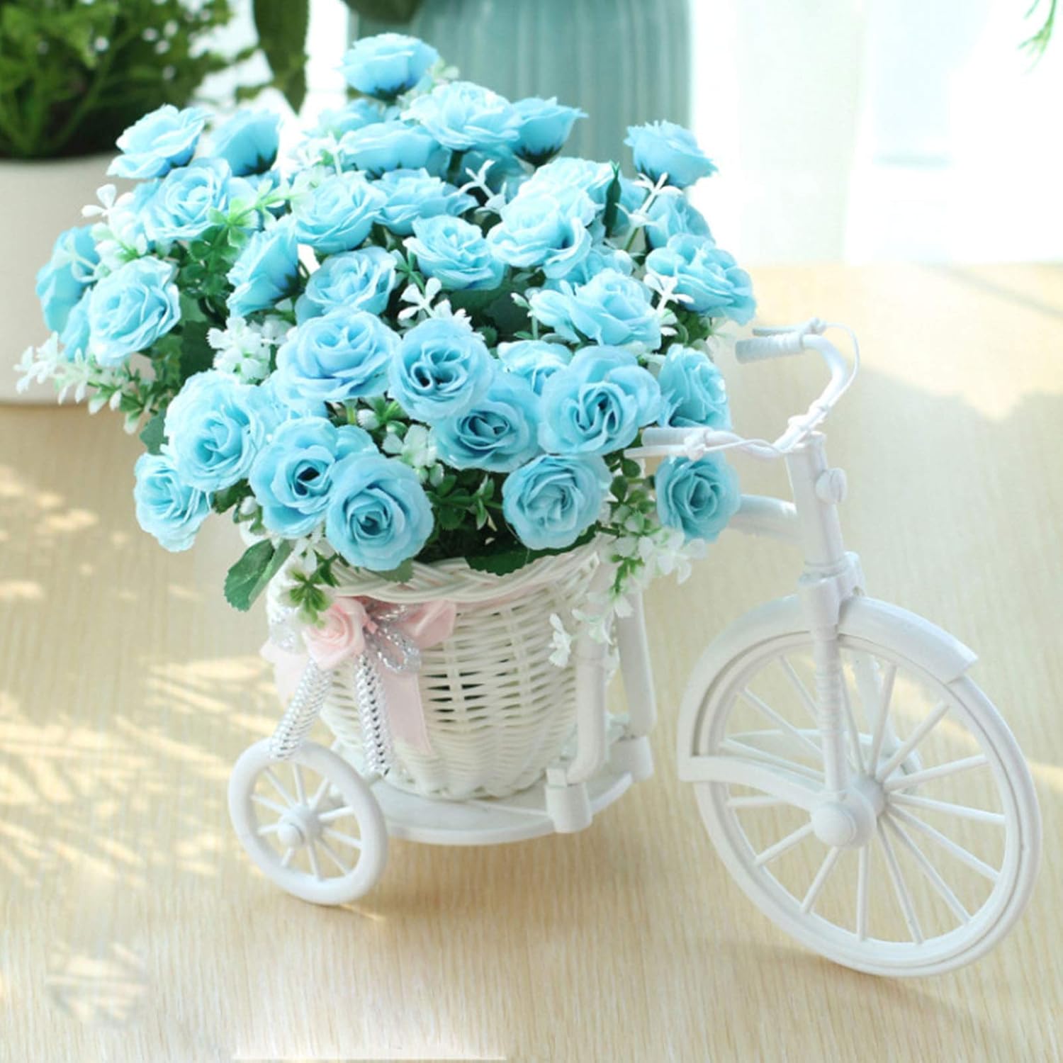 XYDM Artificial Flowers Garden Nostalgic Bicycle Artificial Flower Decor Plant Stand Mini Garden for Home Wedding Decoration Blue