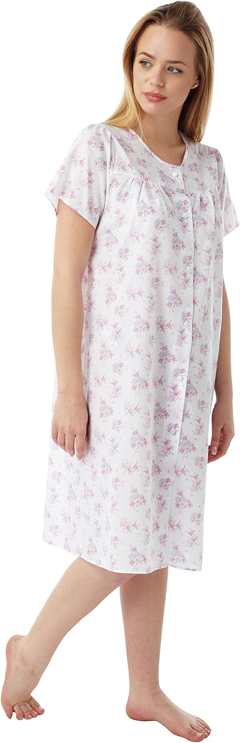 Ladies Short Sleeved Poly/Cotton Button Through Coat Nightdress. 6 Floral Prints. Sizes 10-12 to 