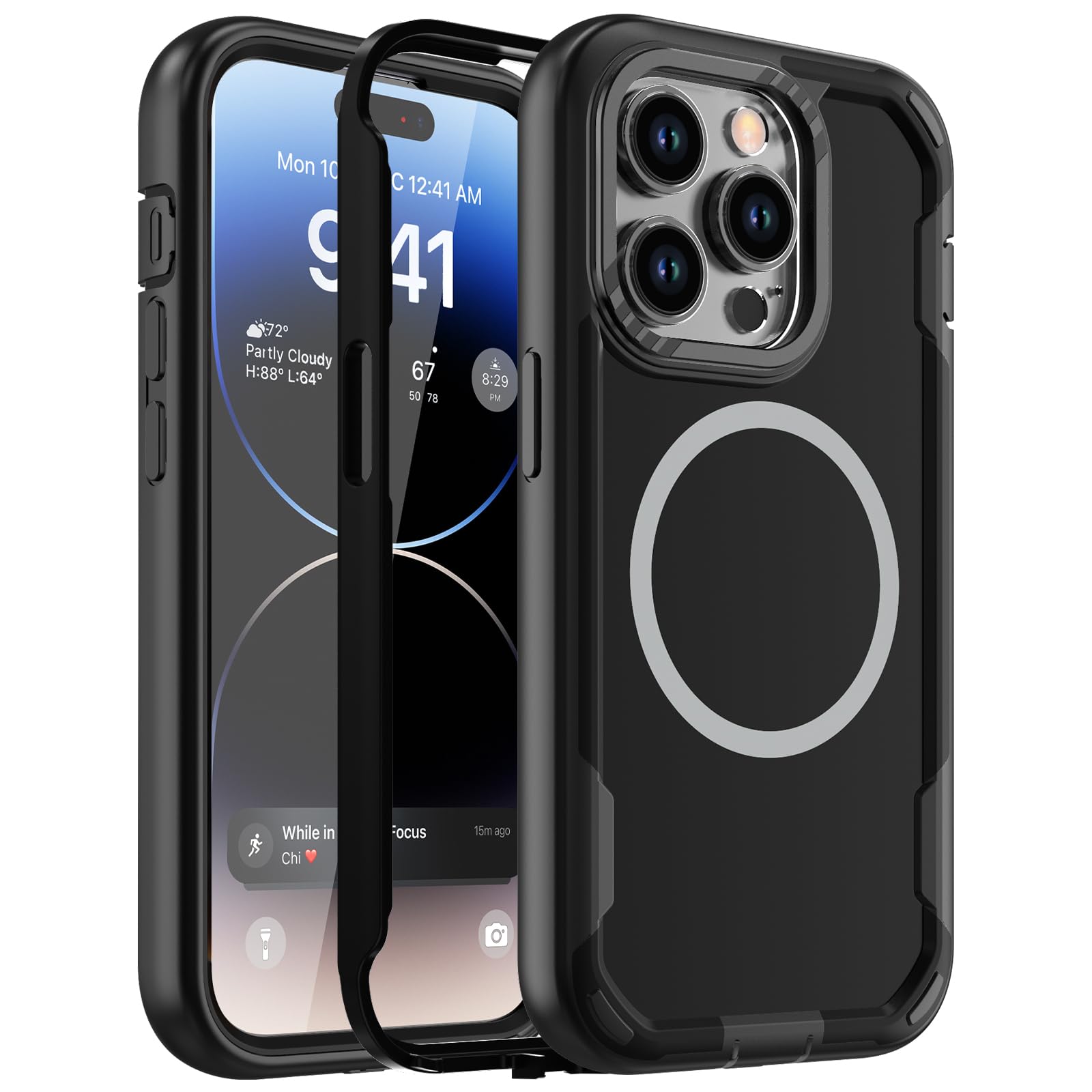 Photo 1 of Janmitta for iPhone 14 Pro Case, Compatible with MagSafe, 3 in 1 Full-Body Military-Grade Drop Proof Case, Port Anti-Dust Scratch Matte Back Phone Cover, Black