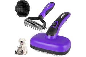 COZYGIFT Dog Brush Kit – 3 PCS Grooming Set with Self-Cleaning Brush, Undercoat Rake & Pet Bath Brush. Great for Shedding, Tangles & Dirt Removal – Ideal for Long & Short Haired Dogs & Cats, Purple