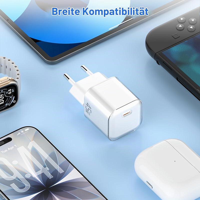 45W Ladegerät USB C Schnellladegerät：GAN PD 3.0 Stecker USB Type C Netzteil mit 1M 60W Typ C Kabel Fast Charger Schnellladen Power Adapter USBC Stecker Ladestecker Für Smartphone Tablets