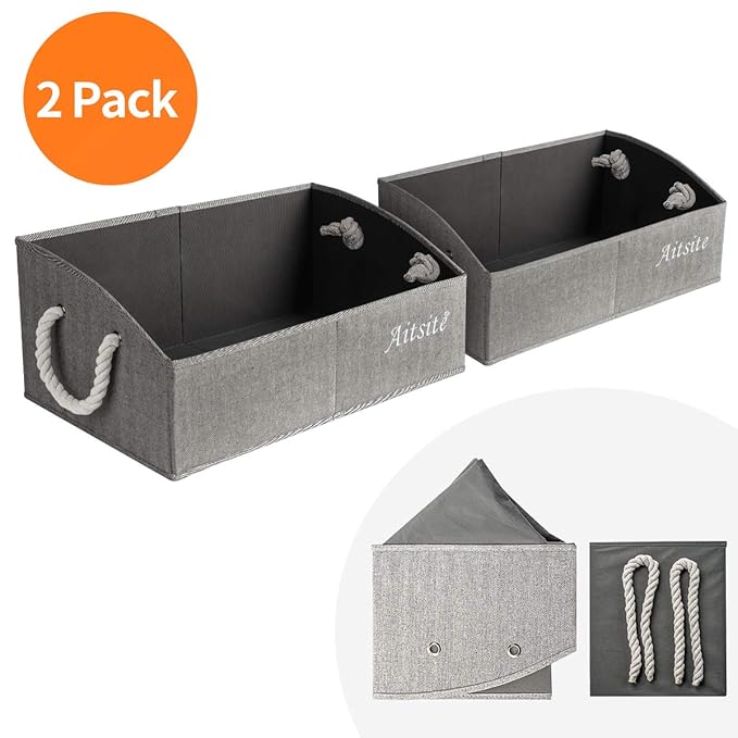 Aitsite 2 pcs Cajas de Almacenaje, Caja de Almacenamiento de Tela Plegable Resistente con Manijas para Ropa, Juguetes, Armario, Dormitorio, Estanterías y Mas -Gris Sucio (2 pcs)