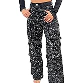 EHYFFYH Womens High Waisted Rhinestone Jeans Black Straight Chic Baggy Wide Leg Bling Denim Pants Loose Fit Pearl Jeans