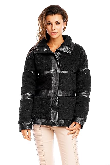 Jayloucy Damen Parka Winterjacke Felljacke Mantel Kunstfell Kunstleder Imitat Schafstil JC8027 Schwarz