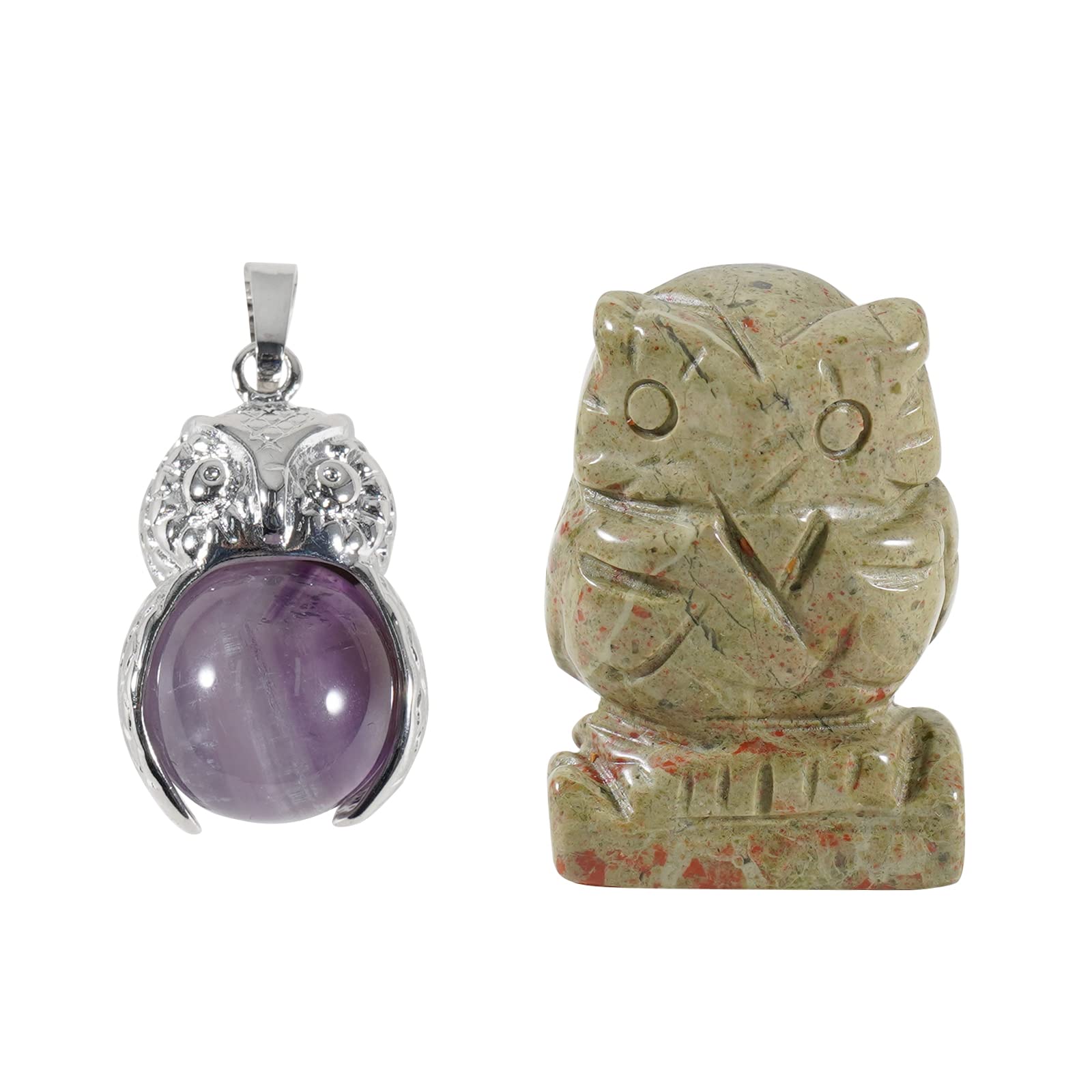 soulnioi 1.5" Owl Statue Natural Stones Hand Carved Animals Figurines Room Ornament for Home Detor, Natural Gemstone Amethyst Owl Set Necklace Pendant, Gift for Meditaion, Friends