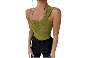 OYOANGLE Women's Textured One Shoulder Twist Front Ruched Bodysuit Sleeveless Tank Top Body Suits