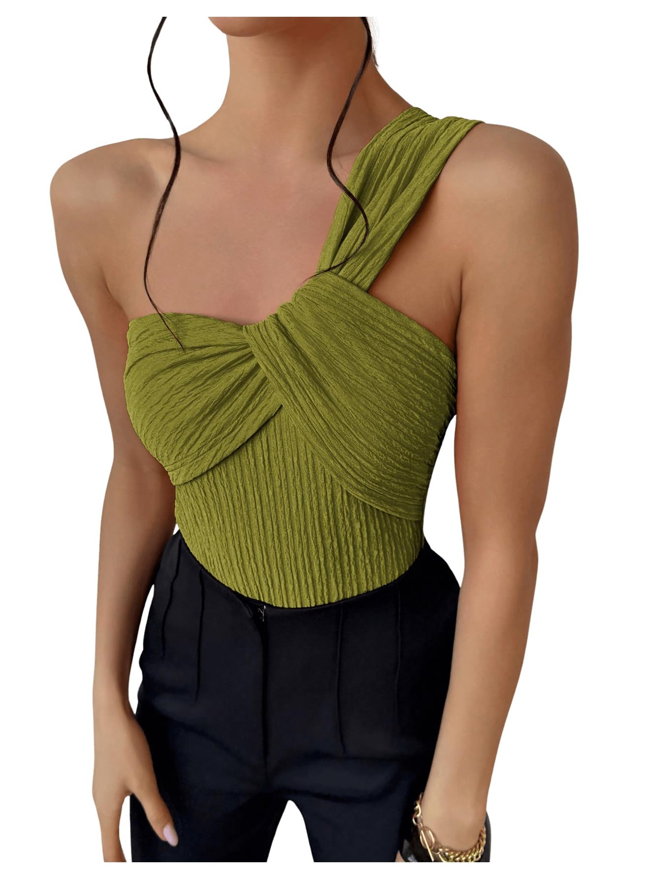 Photo 1 of OYOANGLE Women's Textured One Shoulder Twist Front Ruched Bodysuit Sleeveless Tank Top Body Suits Green Medium