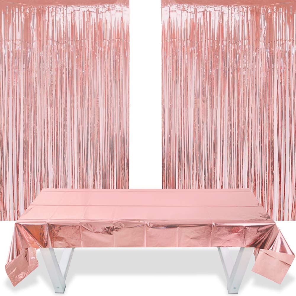 Rose Gold Foil Fringe Tinsel Curtain 2 Pieces and Foil Tablecloth 1m*2.7m, Rose Gold Birthday Party Decoration, for Ideal Bachelorette, Graduation, Wedding, Graduation, Baby Shower Decorations