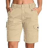 mosingle Bermuda Womens Cargo Shorts Lightweight Cotton Casual Hiking Shorts Multi-Pockets Elastic Waist