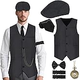 Drofe 1920s Mens Costume,Roaring 20s Costumes for Men,1920s Mens Outfit Vest Hat Pocket Watch Tie Armband