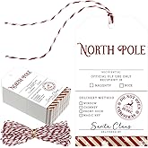 Fuyoooo 100 Pcs North Pole Christmas Presents Tags from Santa Red and White Xmas Santa Gift Tags with String for Presents Christmas Wrapping Paper Labels for Xmas Party Treat Cookie Decor