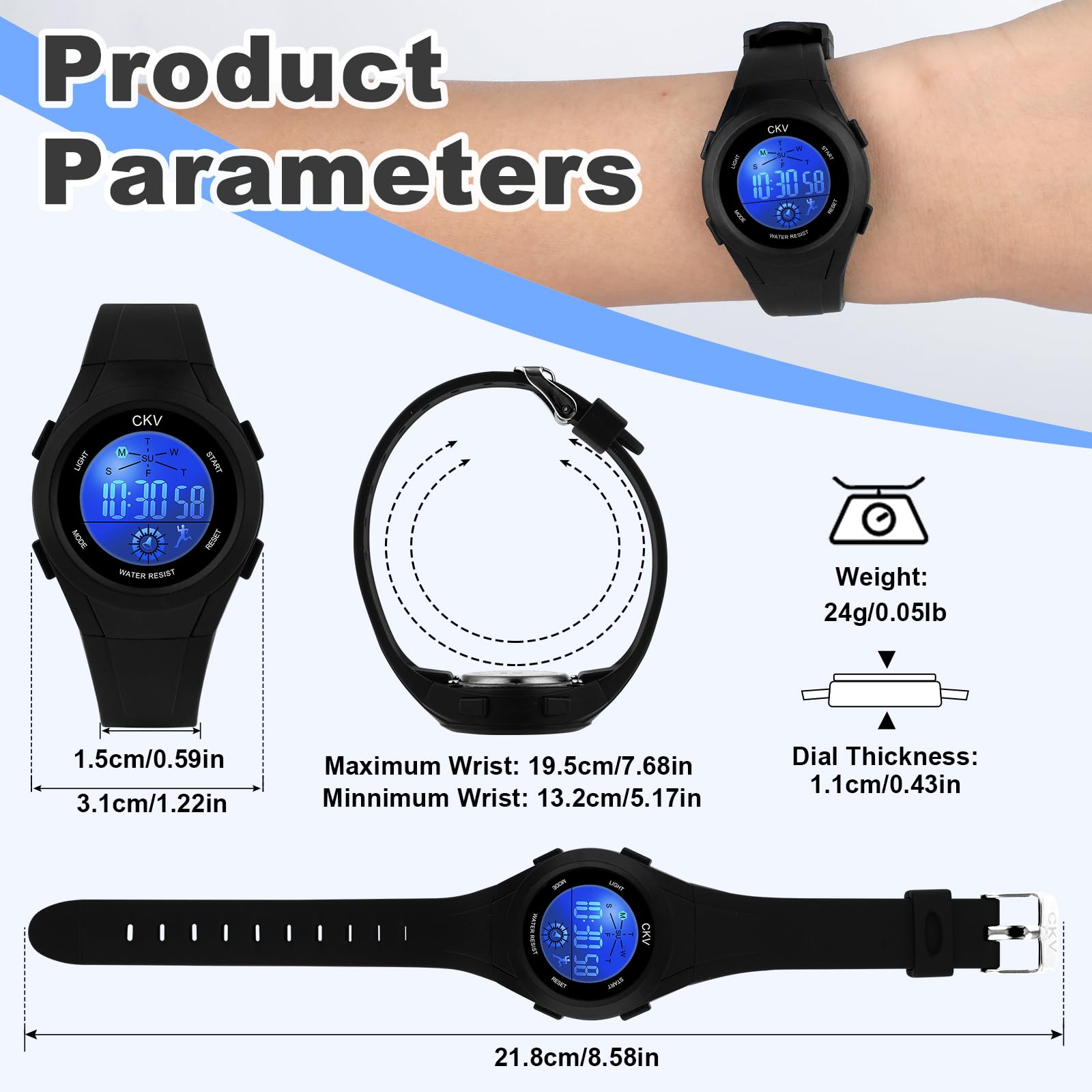 CKV Kids Digital Watch for Girls Boys with 7 Colors LED Lights 30 M Waterproof Children's Outdoor Wristwatch with Alarm and Stopwatch