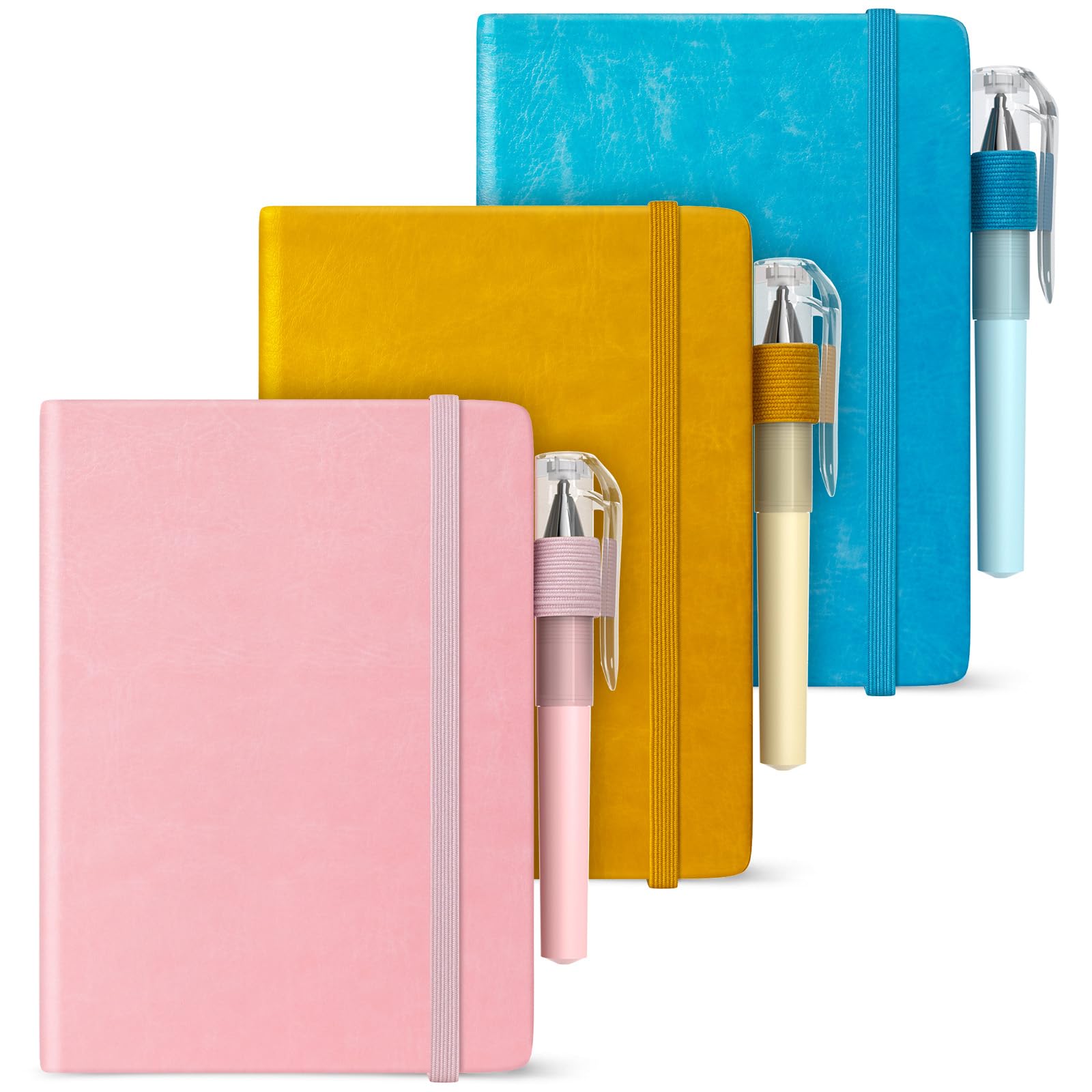 Smarpau A6 Notebook 3 Pack, Small Notepad with 100gsm No Bleed Paper, 120 Pages Hardcover Leather Lined Journal Notebook with Pen for Writing - Pink Yellow Blue