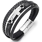 COOLSTEELANDBEYOND Mens Women Steel Horizontal Sideway Lateral Flat Cross Multi-Strand Leather Bangle Bracelet