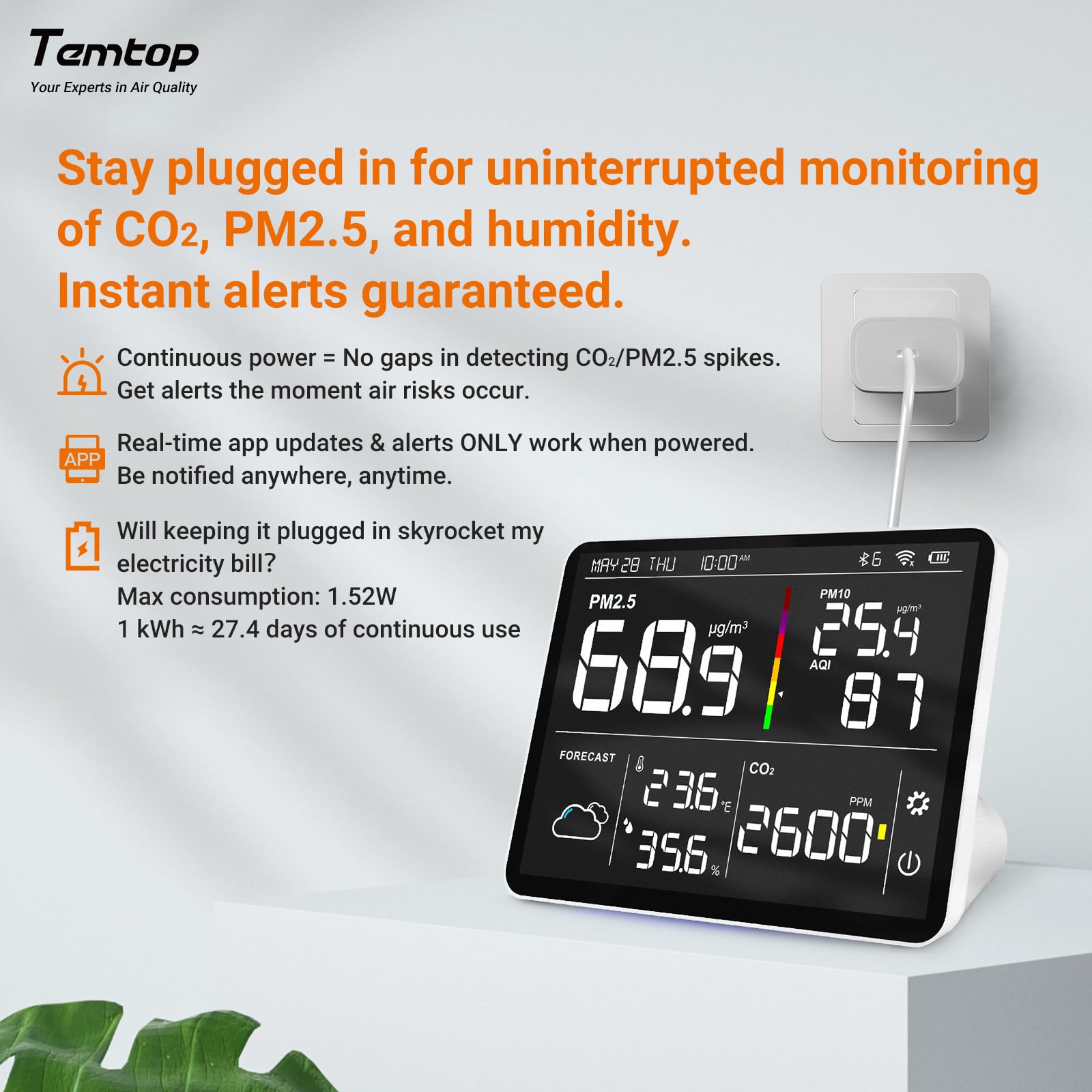Temtop M100-UP Luftqualitätsmessgerät Wetterstation, 2.4G WLAN Bluetooth Thermometer mit App, 8-in-1 Luftqualitätsmessgerät (PM2.5/CO2/Temperatur/Feuchtigkeit) 7