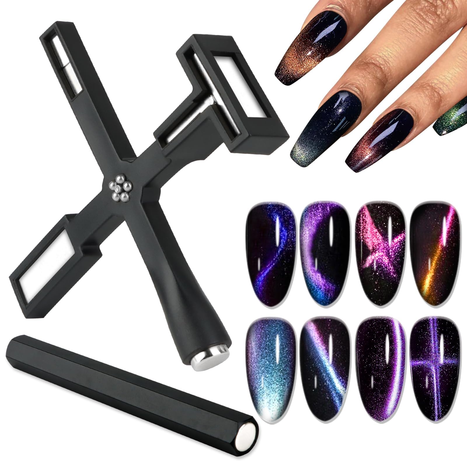 Photo 1 of 2PCS Nail Magnet Tools, EBANKU Upgraded 5 in 1 Cat Eye Magnet Multi-Function Double-Ended Hexagon Strong Nail Magnet Stick for Cat Eye Nail Polish Personal DIY, Nail Studio Or Nail Salon(Black)