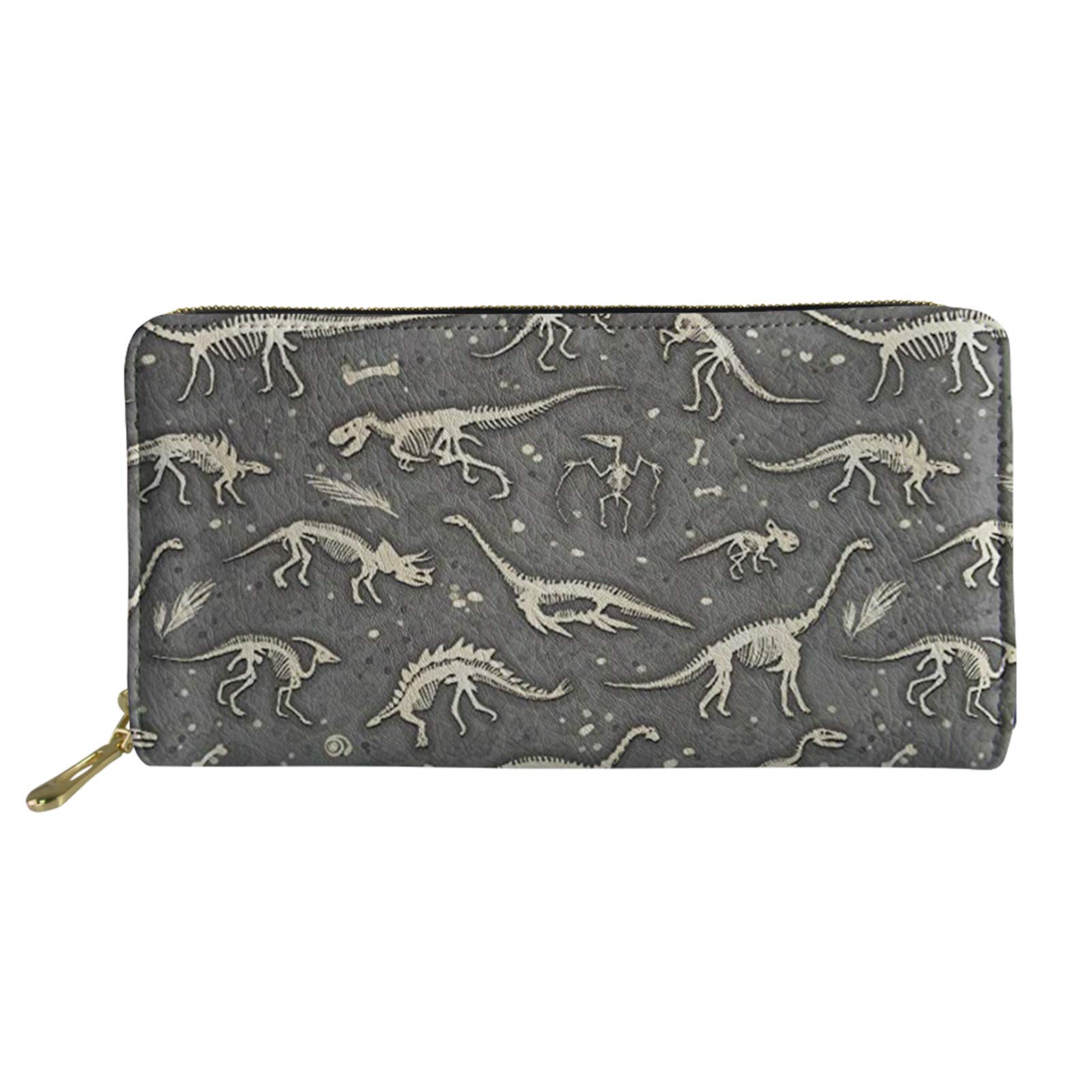 HUGS IDEA Dinosaur Skeleton Printed Women Clutch Long Purse Travel Casual Wallet PU Leather Waterproof Handbag