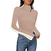 MEROKEETY Women's 2025 Fall Mock Neck Lightweight Pullover Sweater Fitted Ribbed Long Sleeve Color Block Knit Tee Shirt Tops