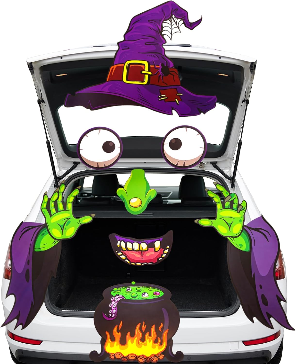 Garage Door Decorations - HOWAF Halloween Witch Trunk or Treat Car Decorations Kit, Halloween Witch Car Archway Stickers with Witch Hap Eye Nose Mouth Hands and Pot for Garage Door Archway Haunted House Home Decor