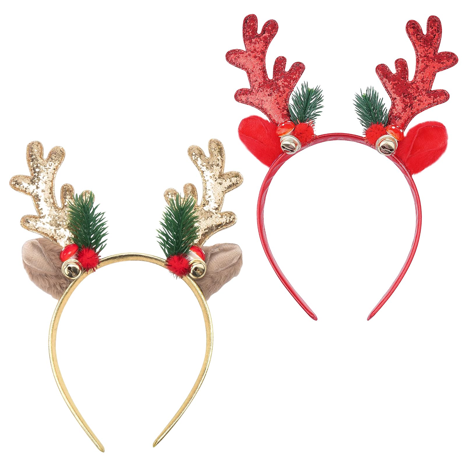 iwiio 2Pcs Reindeer Antlers Headband, Christmas Headbands for Adults, Christmas Hair Accessories, Sparkle Antler Bell Hair Bands Party Cosplay Reindeer Ears for Christmas Costume