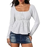 SHENHE Women's Babydoll Tops Square Neck Long Sleeve Shirts Bow Tie Eyelet Peplum Tee Shirt