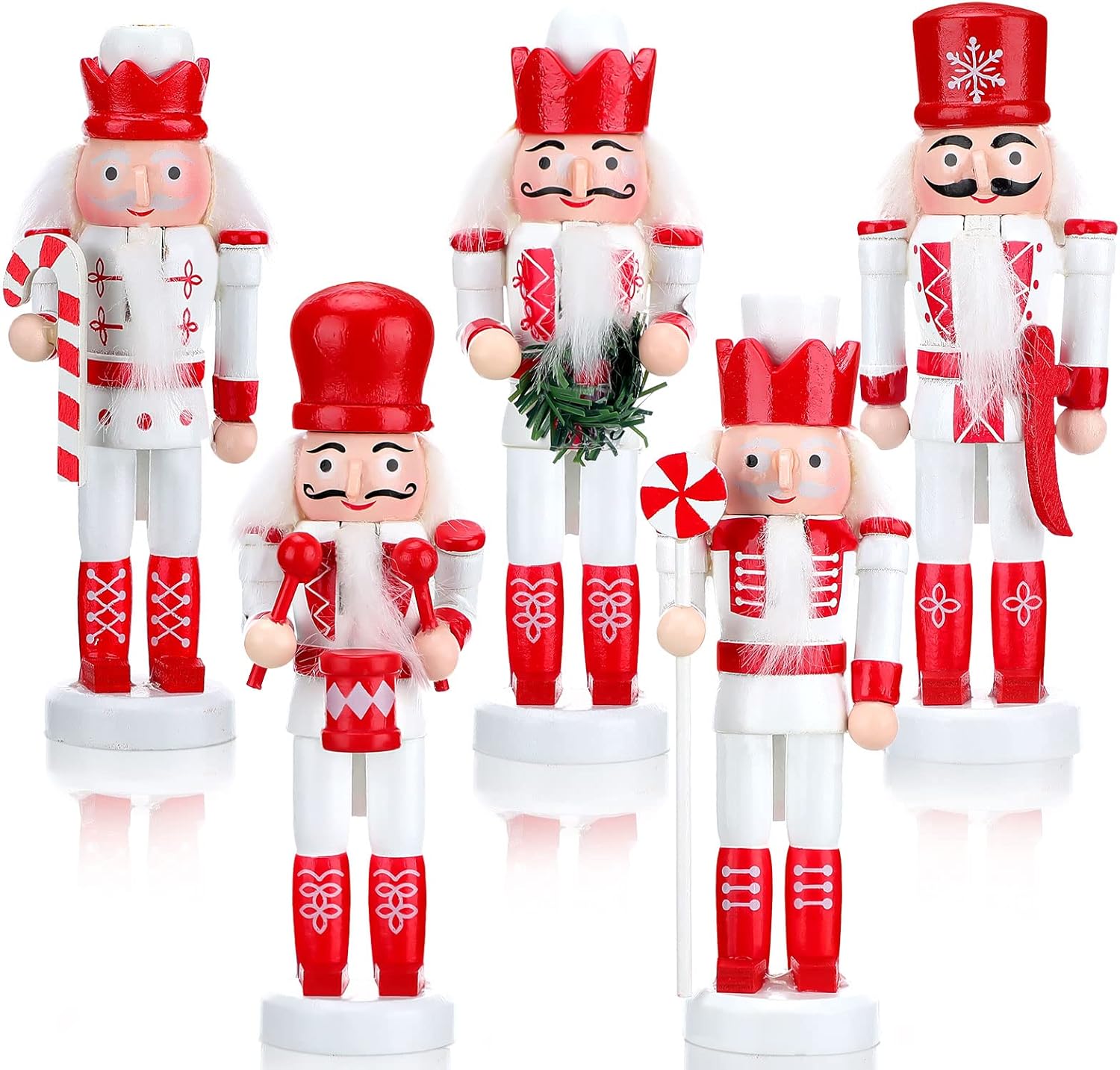 Nutcrackers - 5 Set Christmas Nutcrackers Ornaments Set Glitter Candy Cane Wooden Soldier Figurines 5 Inch Pink Nutcracker Hanging Decoration Christmas Nutcracker Figures Ornaments Holiday Xmas Tree Decor