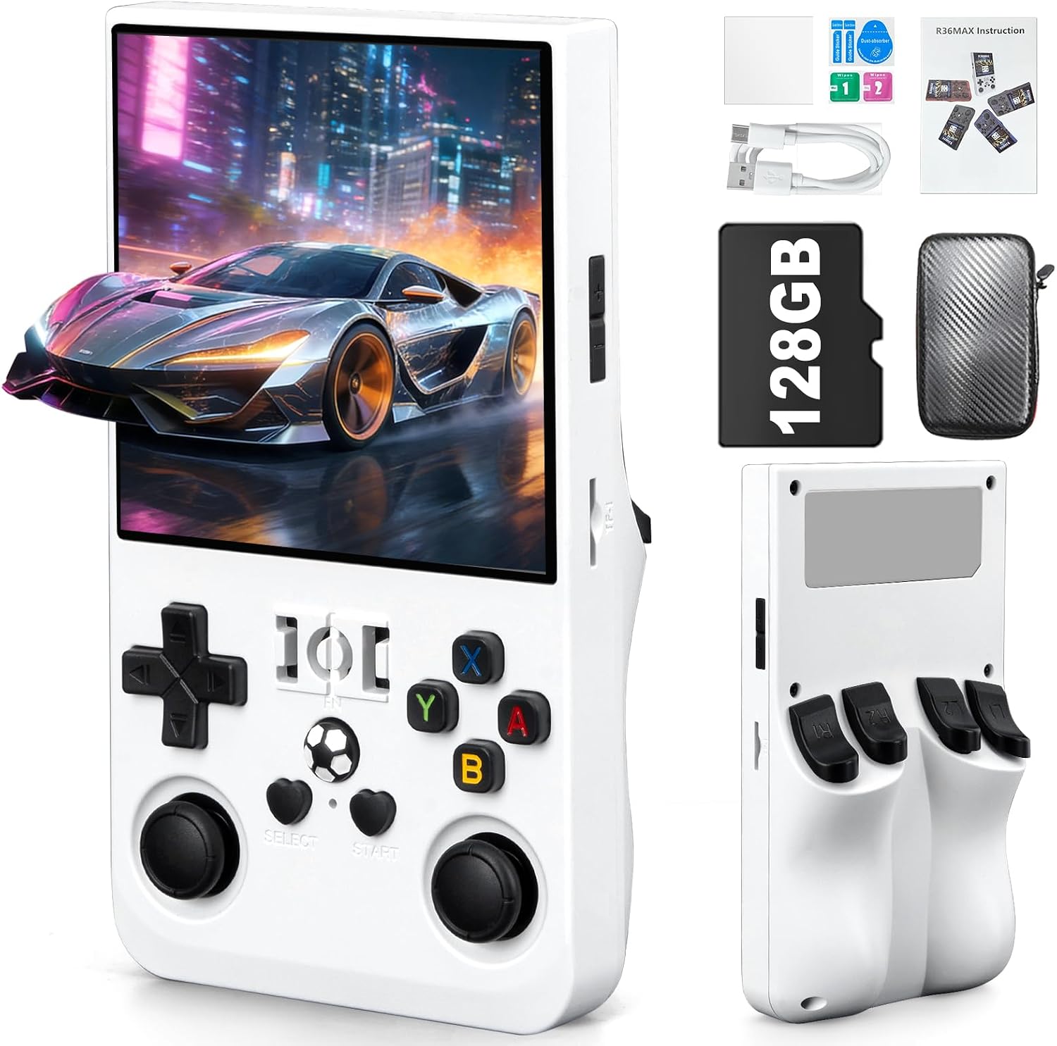 Rhesusco R36MAX Retro Video Game Console - Portable Console with 4.0-Inch HD Screen,128G TF Card,Support 22000+Classic Games,Open Source System,4000mAh Battery,Birthday Gift for Adults-White