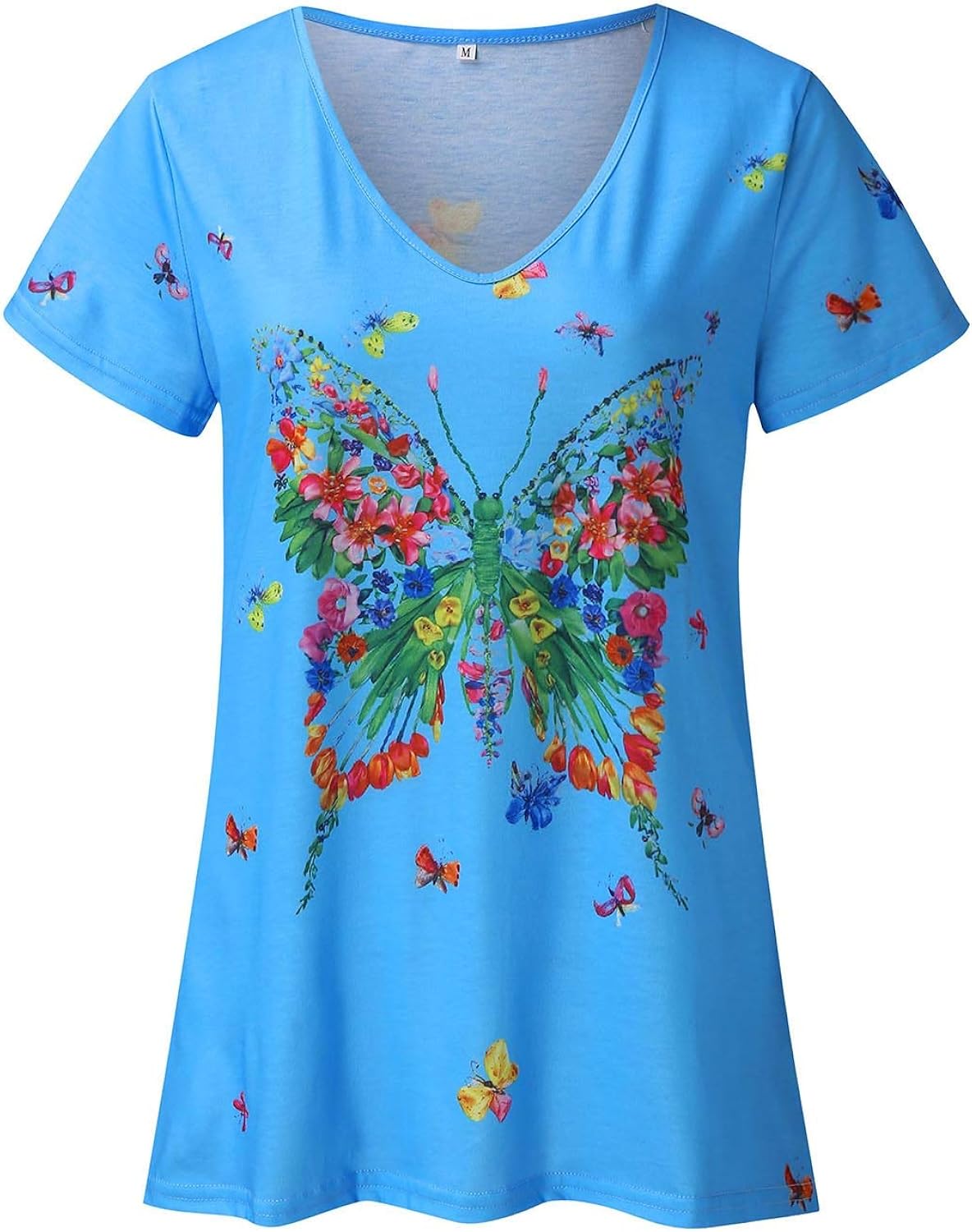 Colorful Butterfly Womens Tshirt V Neck Short Sleeve Tee Graphic Printed Shirts Sexy Tee