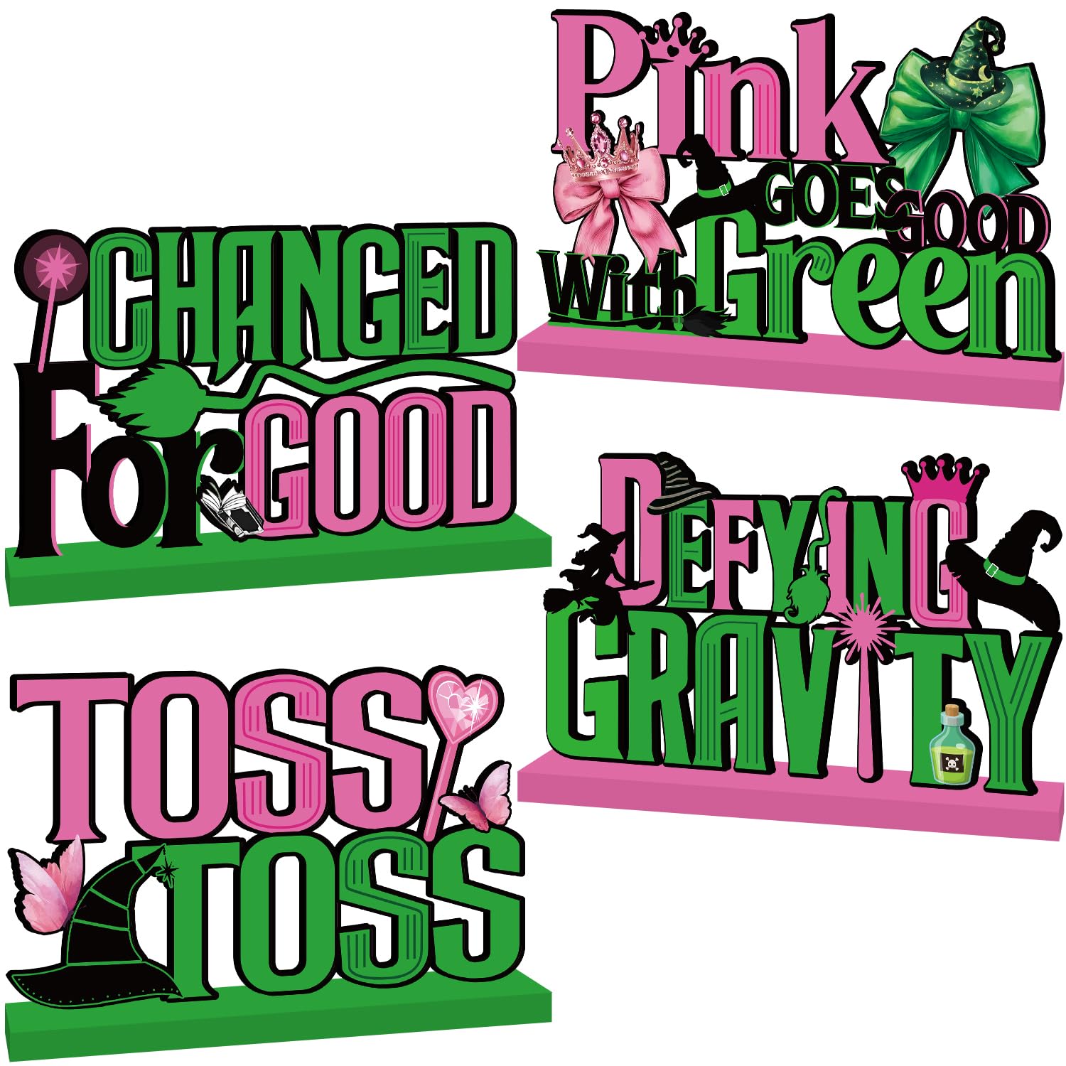 Photo 1 of 4pcs Pink and Green Party Decorations Wood Table Centerpieces Witch Theme Birthday Table Decorations Pink and Green Party Tabletop for Boys Girls Birthday
