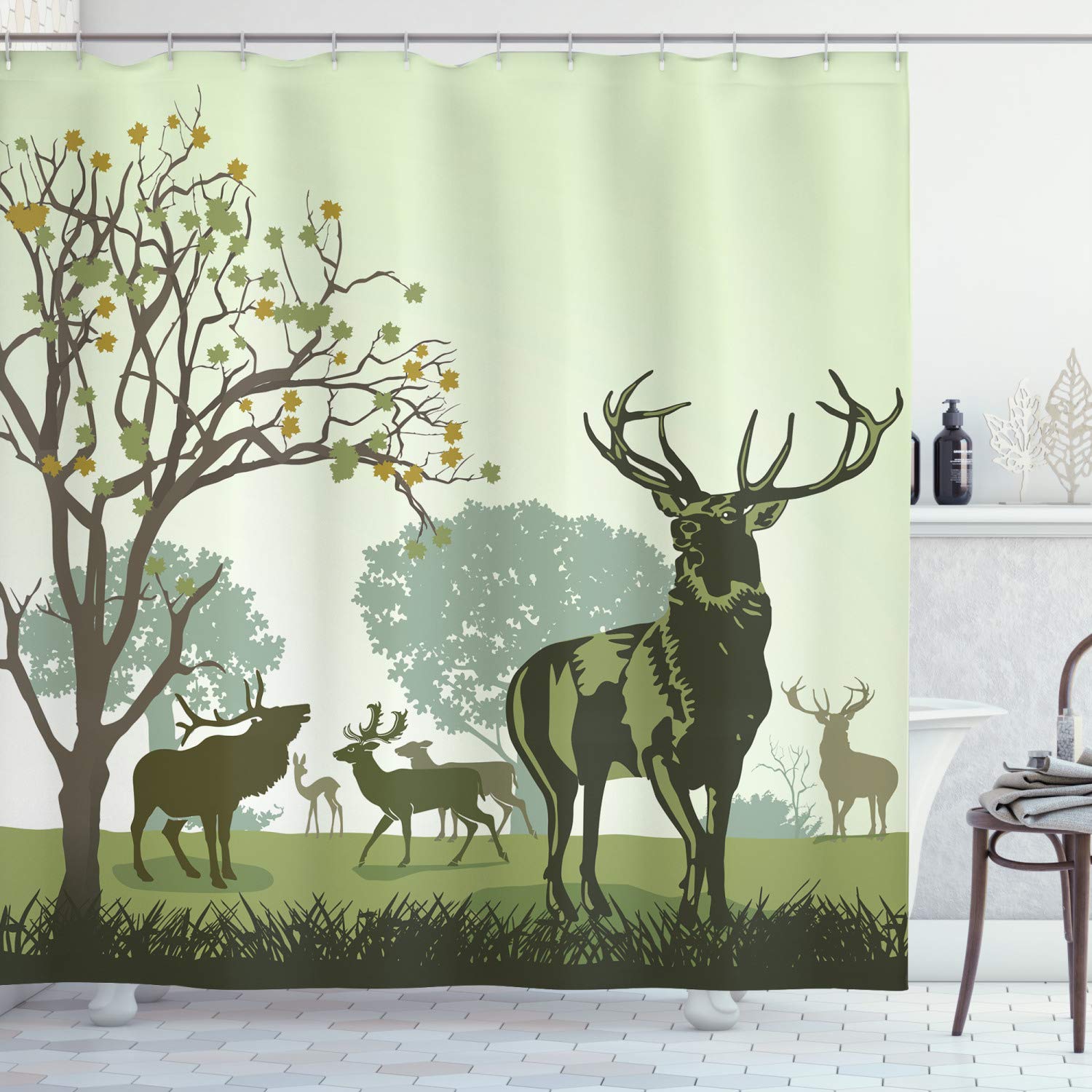 ABAKUHAUS Antlers Shower Curtain, Deer and Wildlife in Park World Natural Heritage Forest Areas Reindeer Nature Scene, Cloth Fabric Bathroom Decor Set with Hooks, 78 Inches, Green