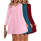 Huukeay 3 Pack Women's V Neck Long Sleeve T Shirt Dress 2025 Basics Plain Dresses Casual Loose Flowy Swing Dresses