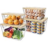 4-Pack Stackable Kitchen Pantry Organizers with Natural Bamboo Lids - Clear Food Storage Bins for Onions, Potatoes, Fruits & 