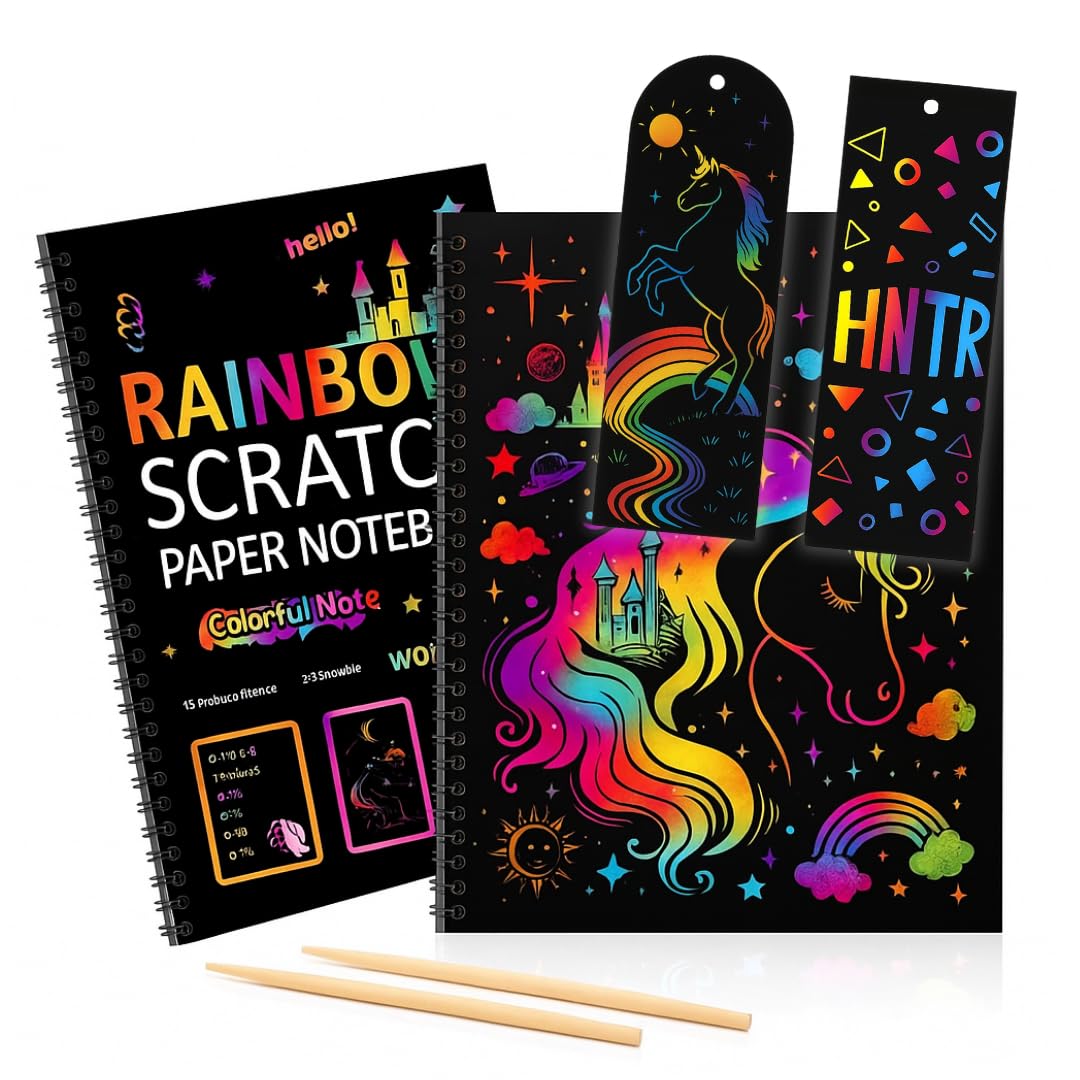 HNTR Rainbow Scratch Art for Kids | Scratch Books for Kids | 230 x 160mm Spiral Binding Pad | 2 Stylus Pens & 2 Bookmarks | Fun Colouring Book | Gift for 6 Year Old Girl