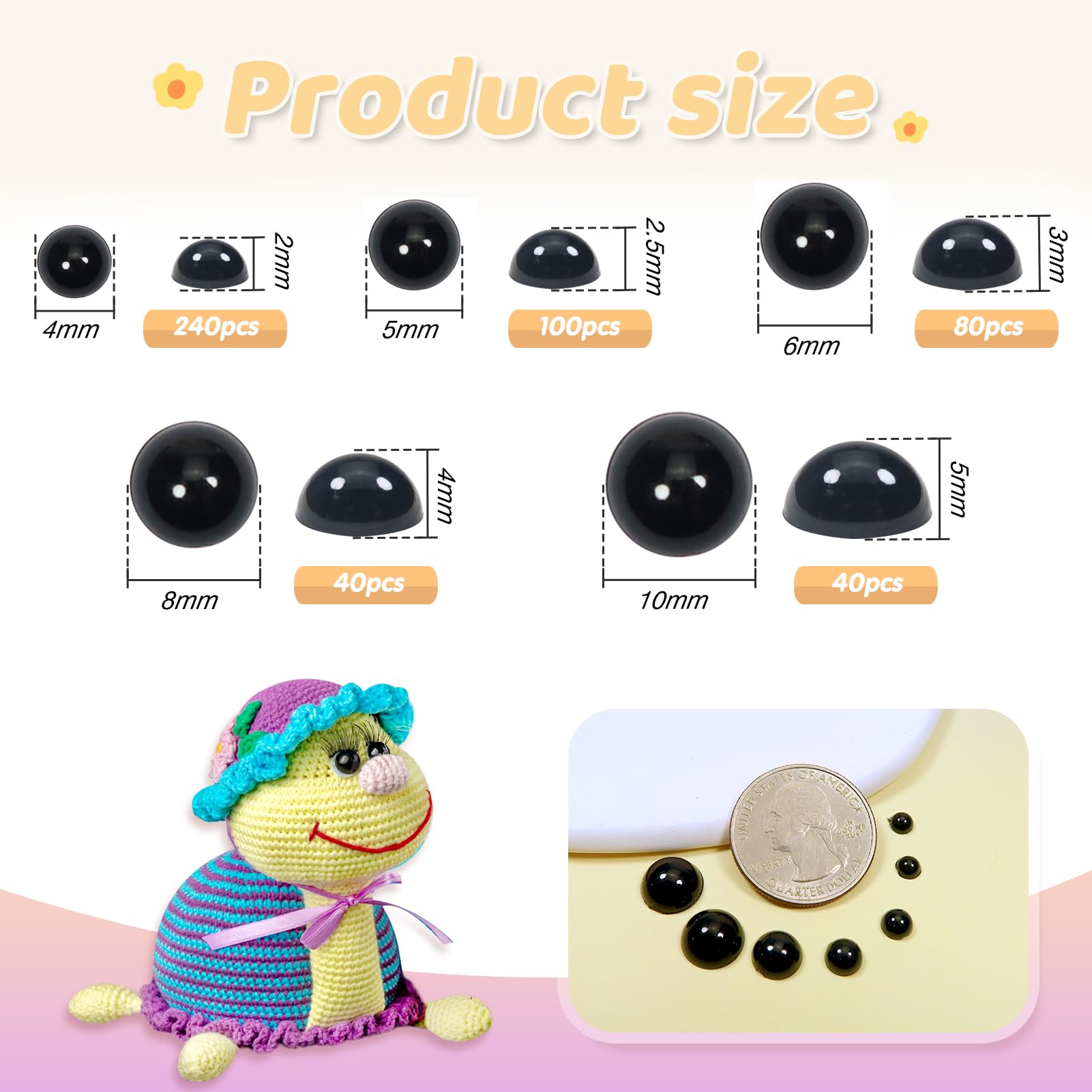 TOAOB 830pcs Round Black Plastic Doll Eyes 4mm 5mm 6mm 8mm 10mm Flatback Cabochon Button Eyeball Beads for Stuffed Animals Amigurumis Crochet Bears Crafts Making