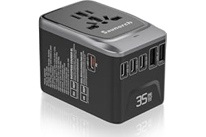 SAUNORCH Universal Travel Adapter, PD 35W 7 in 1 International Power Plug Adapter with 7.0A 4 USB-C and 2 USB-A Fast Wall Charger, Worldwide AC Outlet for US Europe UK AUS (Black+Silver)