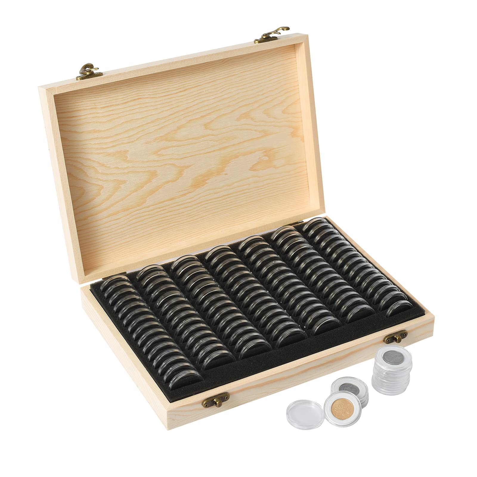Ettonsun 100Pcs 30mm Coin Capsules Coin Collection Holders for Collectors Coin Display Case Storage Coin Collection Supplies, Coin Protectors with Adjustable Gasket (18/21/25/27/30mm) Wood Box