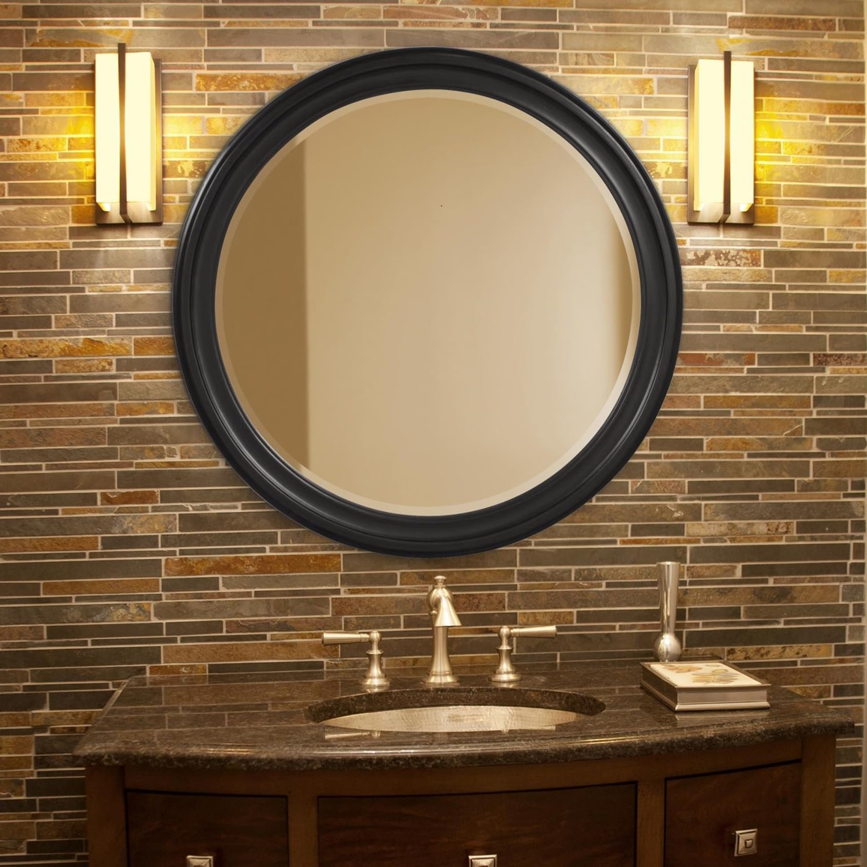 Howard Elliott George Round Glossy Black Wall Mirror, Bevelled Vintage Hanging Wood Framed Vanity Mirrors for Home Decor, Living Room, Bathroom, Bedroom, or Hallway, 36 Inch Round