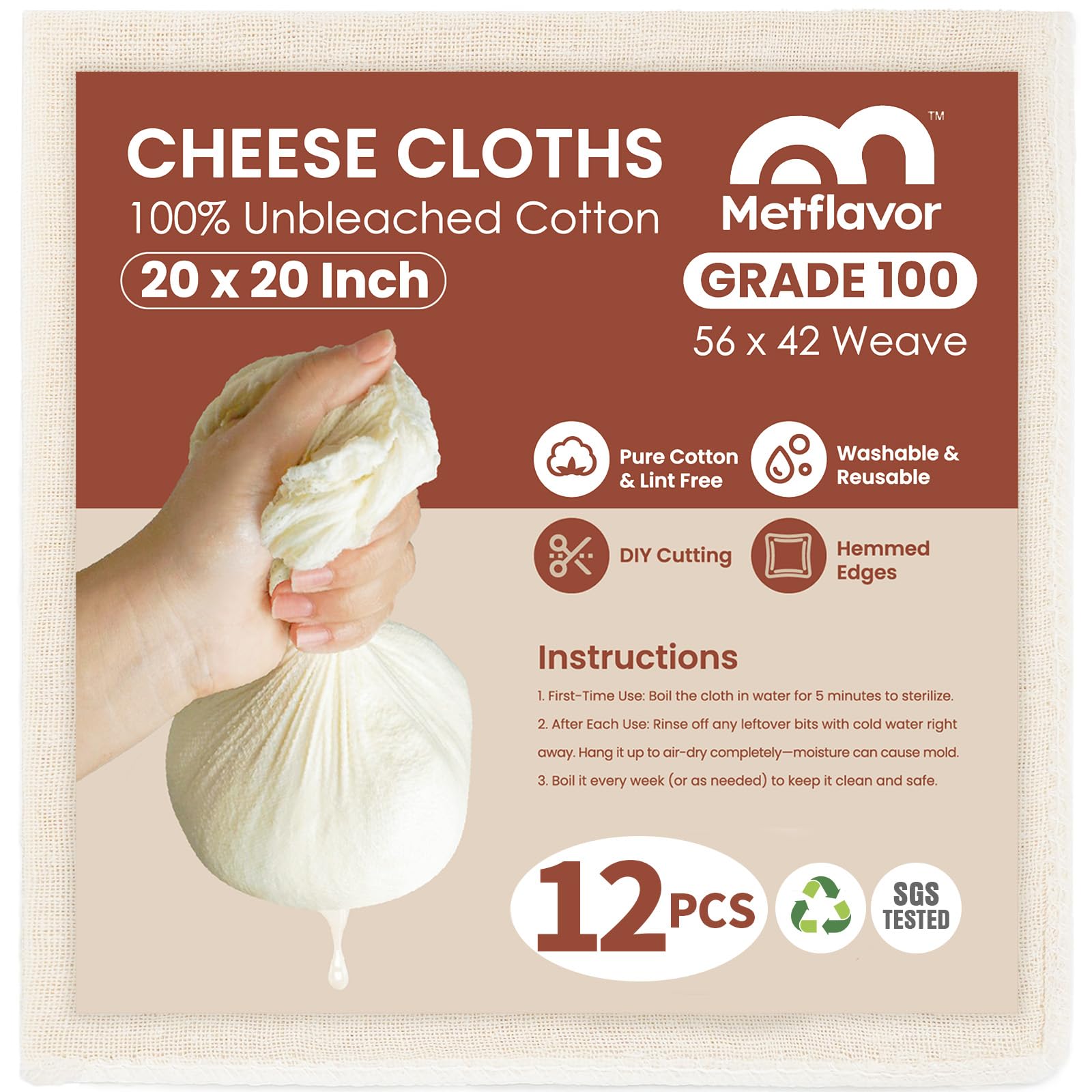 Photo 1 of 12Pcs Reusable Cheese Cloths 20x20 Inch, 100 Grade Cheesecloth Hemmed 4 Edges, 100% Unbleached Cotton Cheese Cloth Bag for Straining, Muslin Cloth Strainer for Baking, Juicing, Cheese, Crafts Making
