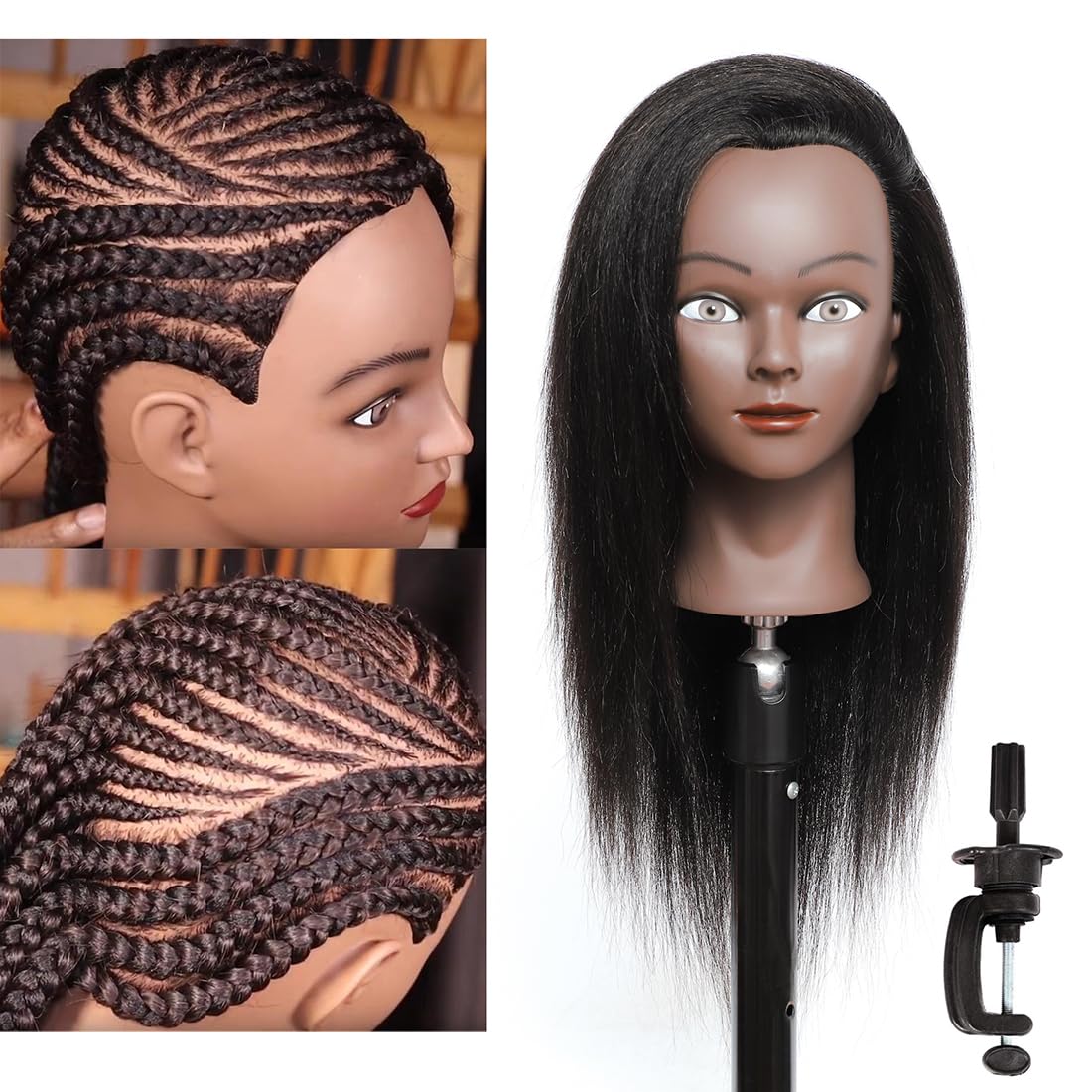 Training Head Mannequin Head with Human Hair Manikin Head with Hair 100% Real Hair Mannequin Head Doll Training Head with Clamp Holder (14, C)