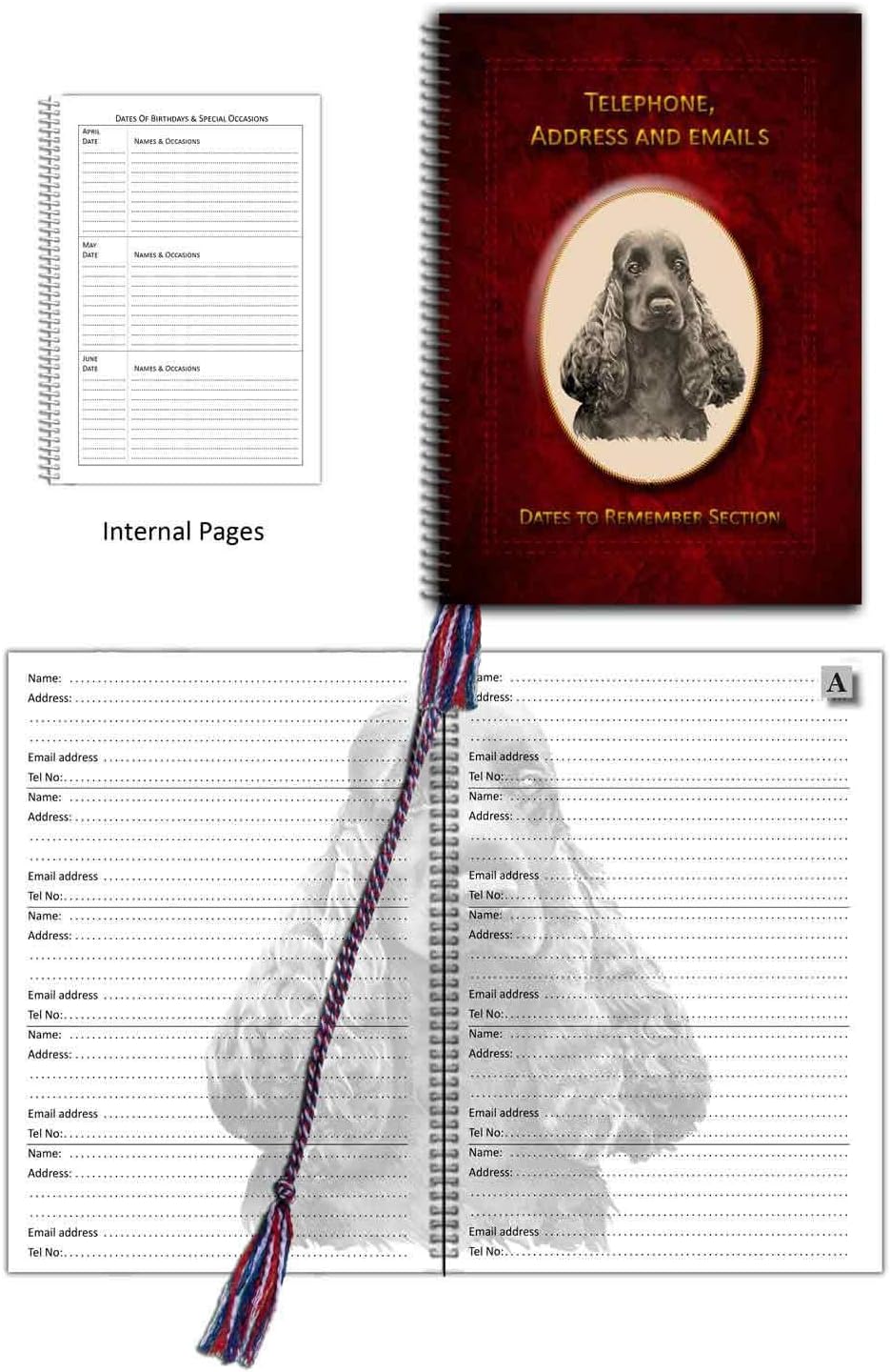 Cocker Spaniel,Telephone & Address Book with dates to remember section. The sizes is A5 Size 6” x 8” (150 mm X 210 mm) (Red)