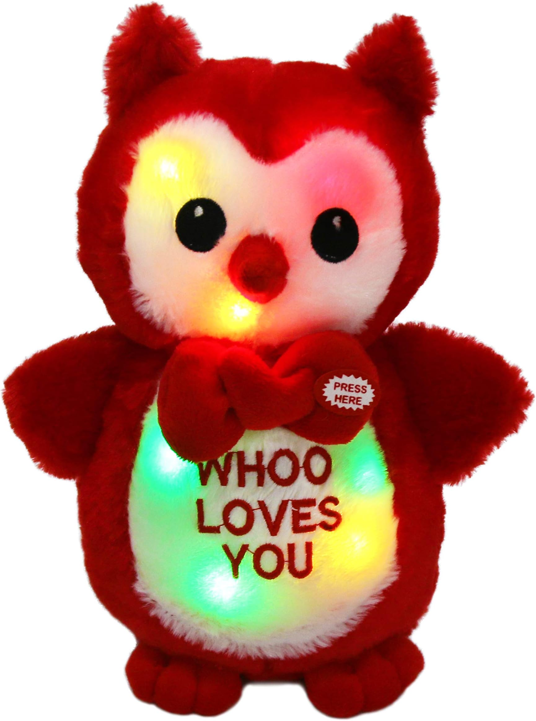 Bstaofy Light up Owl Stuffed Animals LED Cute Soft Plush Toy Loves You with Bow-Tie Gift for Girlfriends on Valentine's Day Christmas Birthday, 9.5 inch, Red