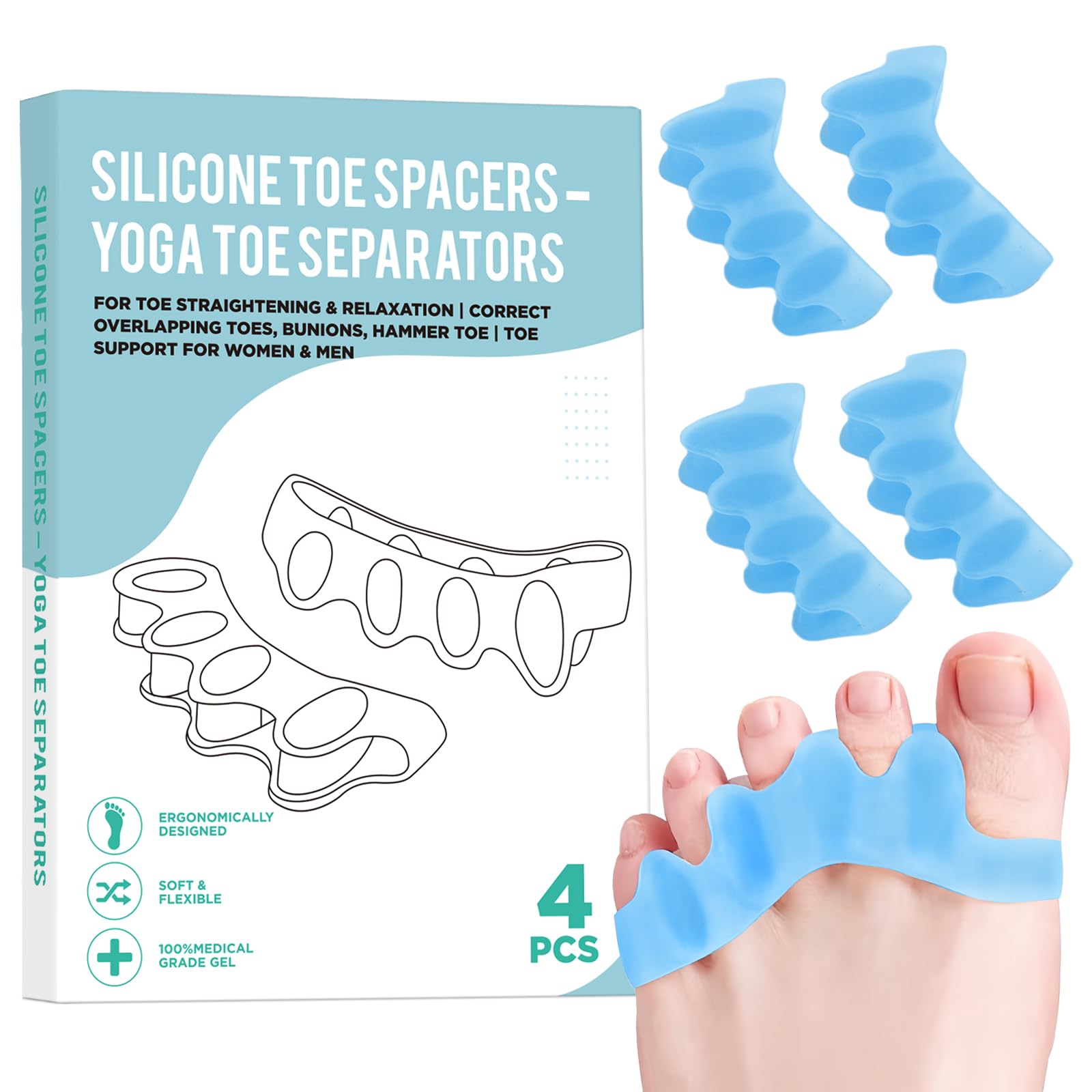 Photo 1 of 4 Pcs Silicone Toe Spacers – Yoga Toe Separators for Toe Straightening & Relaxation | Correct Overlapping Toes, Bunions, Hammer Toe | Toe Support toe separators for Women & Men (Blue, 3.98)