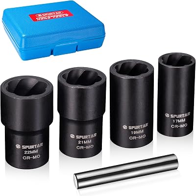 Spurtar 1/2 Drive Twist Socket Set Lug Nut Remover Tool Damaged Bolts 5Pcs
