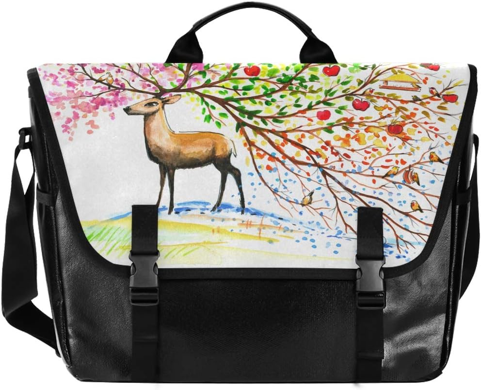 XMCL Messenger Bag Tree of Life Deer 15 Inch Water-Resistance Canvas Laptop Satchel Shoulder Bag for Travel Work College Business with Shoulder Strap