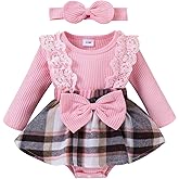KAFIREN Baby Girl Clothes Fall Winter Outfit Plaid Romper Long Sleeve Dress Lace Ruffles Bodysuit with Bow Headband