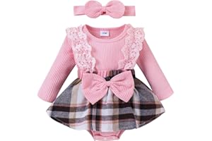 KAFIREN Baby Girl Clothes Fall Winter Outfit Plaid Romper Long Sleeve Dress Lace Ruffles Bodysuit with Bow Headband