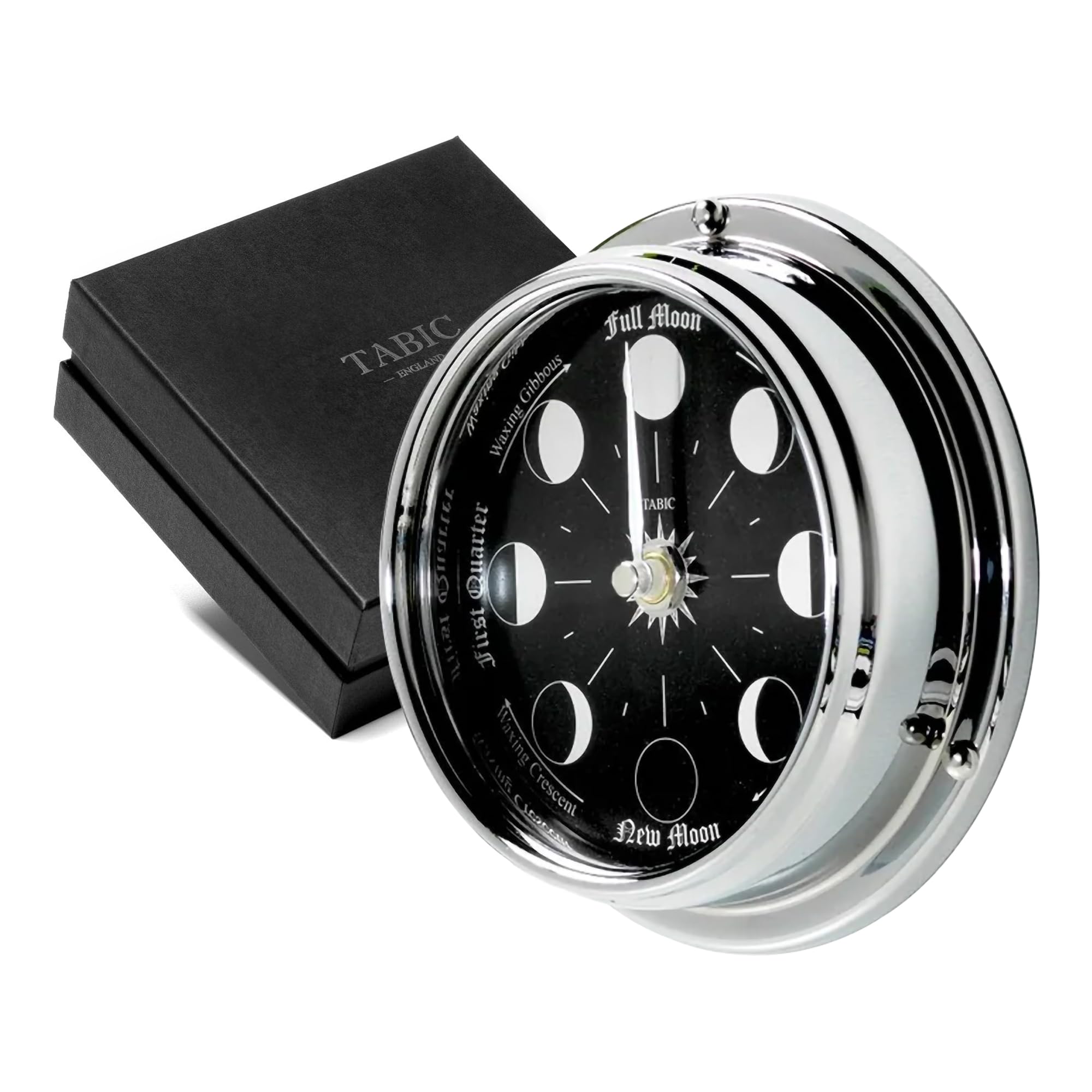 Tabic Handmade Prestige Chrome Moon Phase Clock - Elegant Full Moon Wall Clock with Jet Black Dial, Stunning Look with Mirrored Backdrop and Chrome Hands, Perfect Decorations and Gift