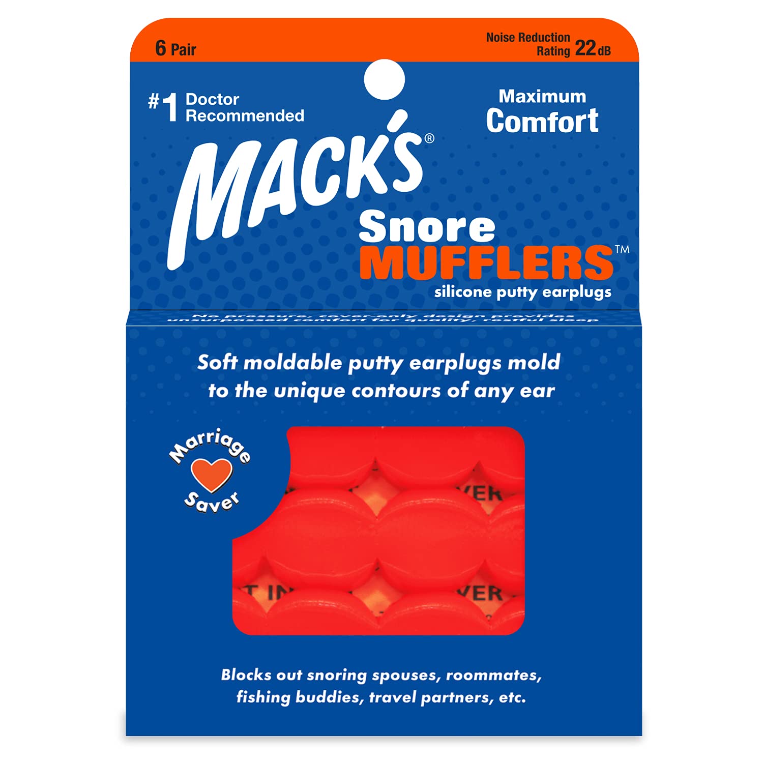 Mack's Snore Orange Mufflers, Pack of 6